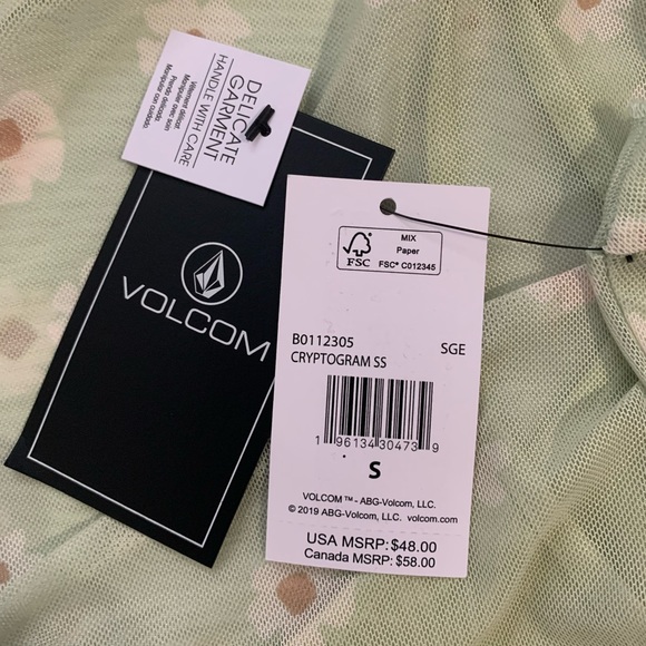 NWT Volcom Cryptogram Green Floral Daisy Print Mesh Crew Neck Baby Tee - Small - Picture 7 of 7